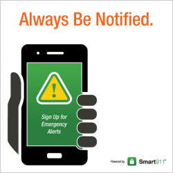 Smart 911 logo showing cell phone and stating &quot;Always Be Notified&quot;