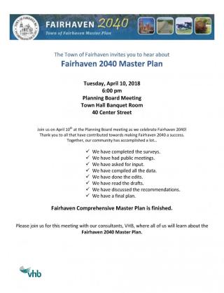 April 10 2018 Planning Board invitation to Master Plan 2040 presentation in town hall banquet room at 6:00 pm